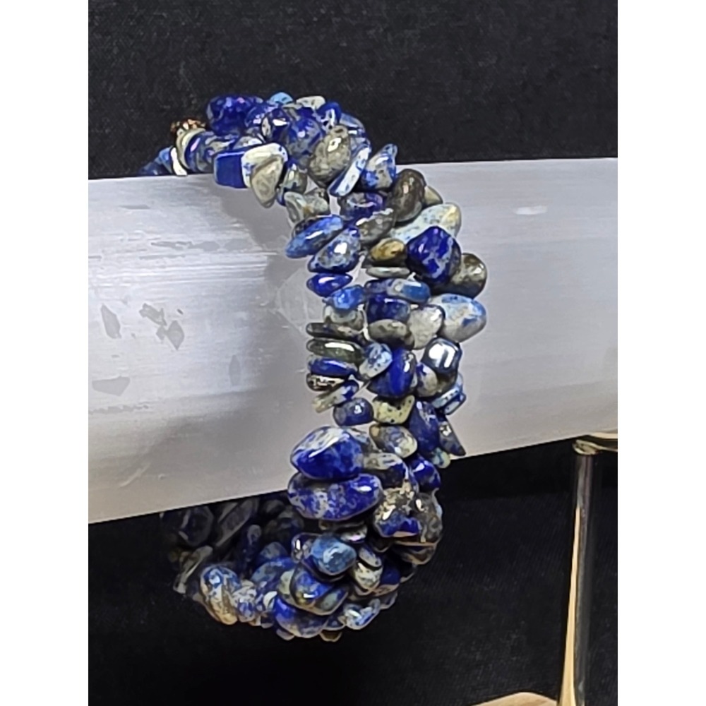 Natural Lapis Lazuli Chip Stone Stretch Bracelet Blue Triple Strand Boho
